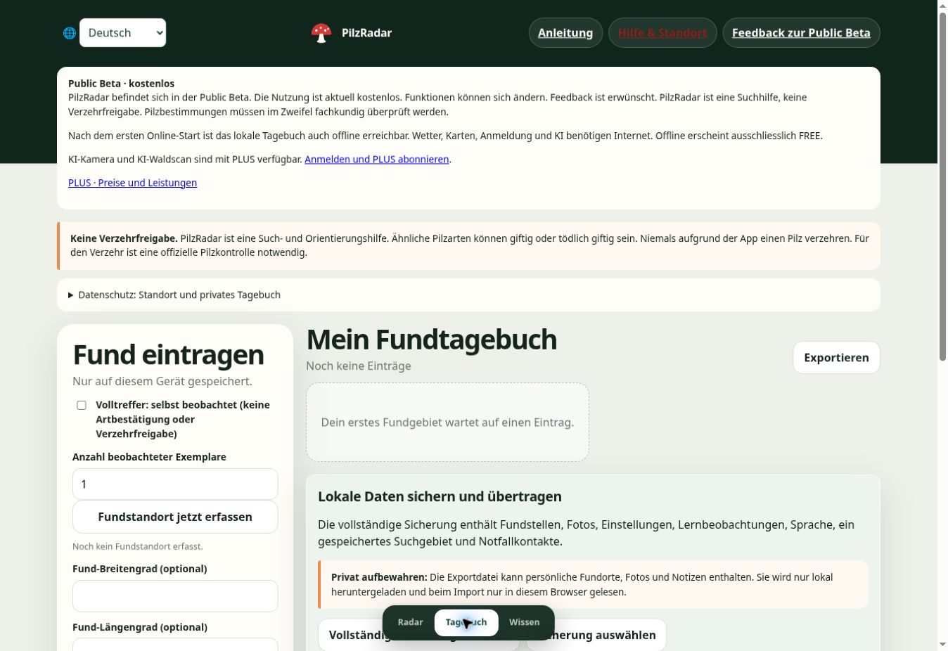 Echte FREE-App: leeres privates Fundtagebuch und Formular für einen Fund